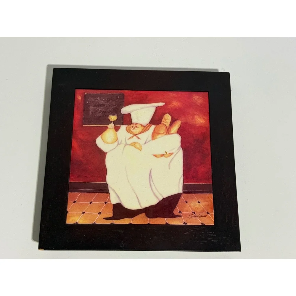 Jennifer Garant Fat Chef Set 3 Framed Ceramic Tile Wall Art 8x8 Bistro Kitchen